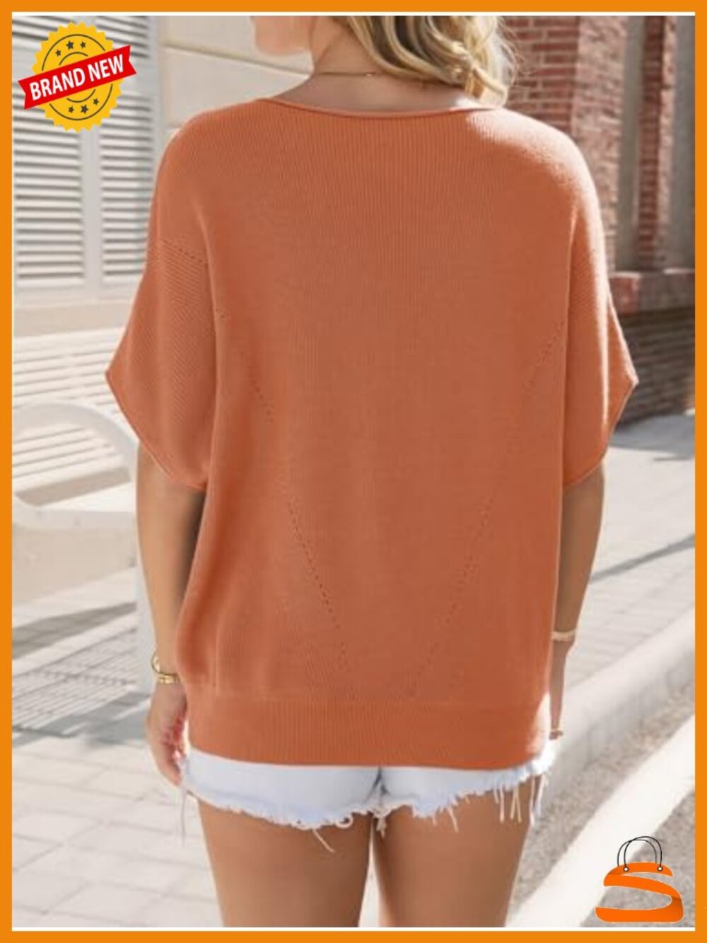 Women's Short Batwing Sleeve Crochet Knit Crew Neck Pullover Sweater Top - Picture 4 of 6